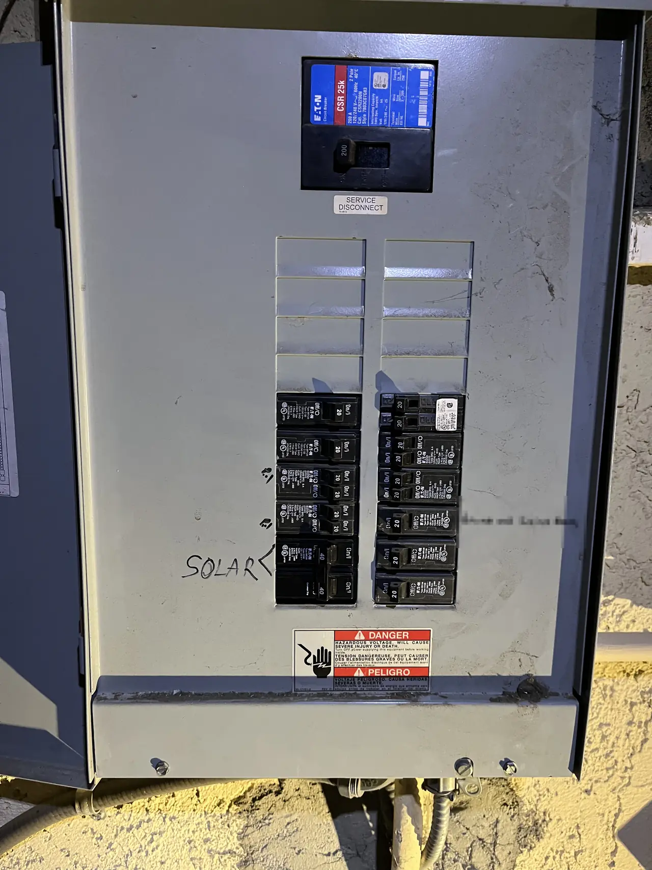 An Eaton service panel with a 40-amp two-pole breaker marked SOLAR at the bottom of the bus, Mission Hills