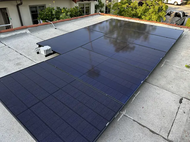 Solar panel mounting detail on a flat roof in Monrovia, CA