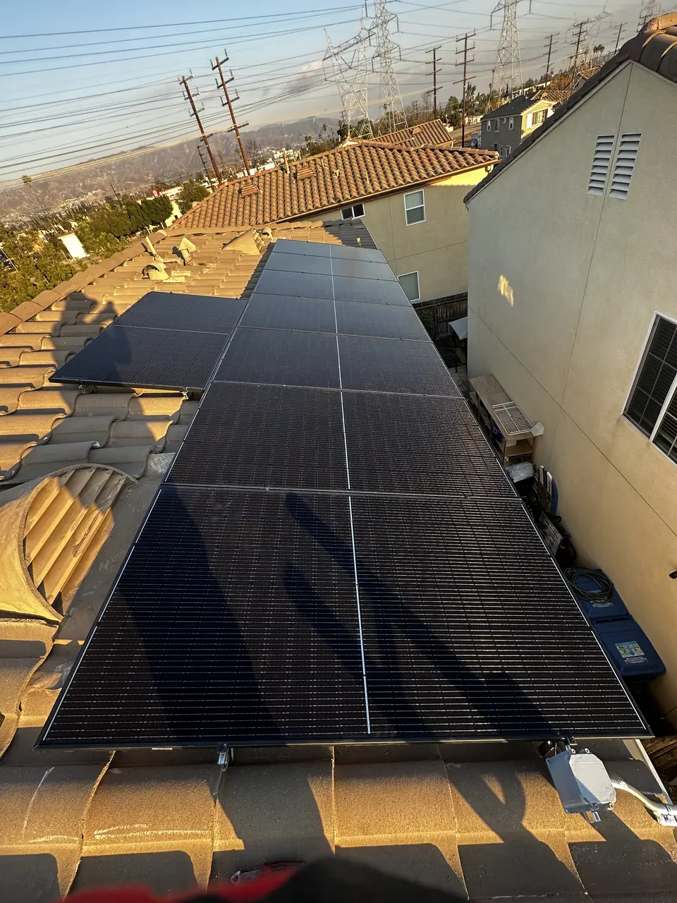 Solar panel mounting detail on a tile roof in North Hollywood, CA