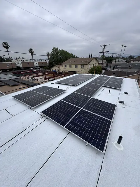 Solar panel mounting detail on a flat roof in North Hollywood, CA