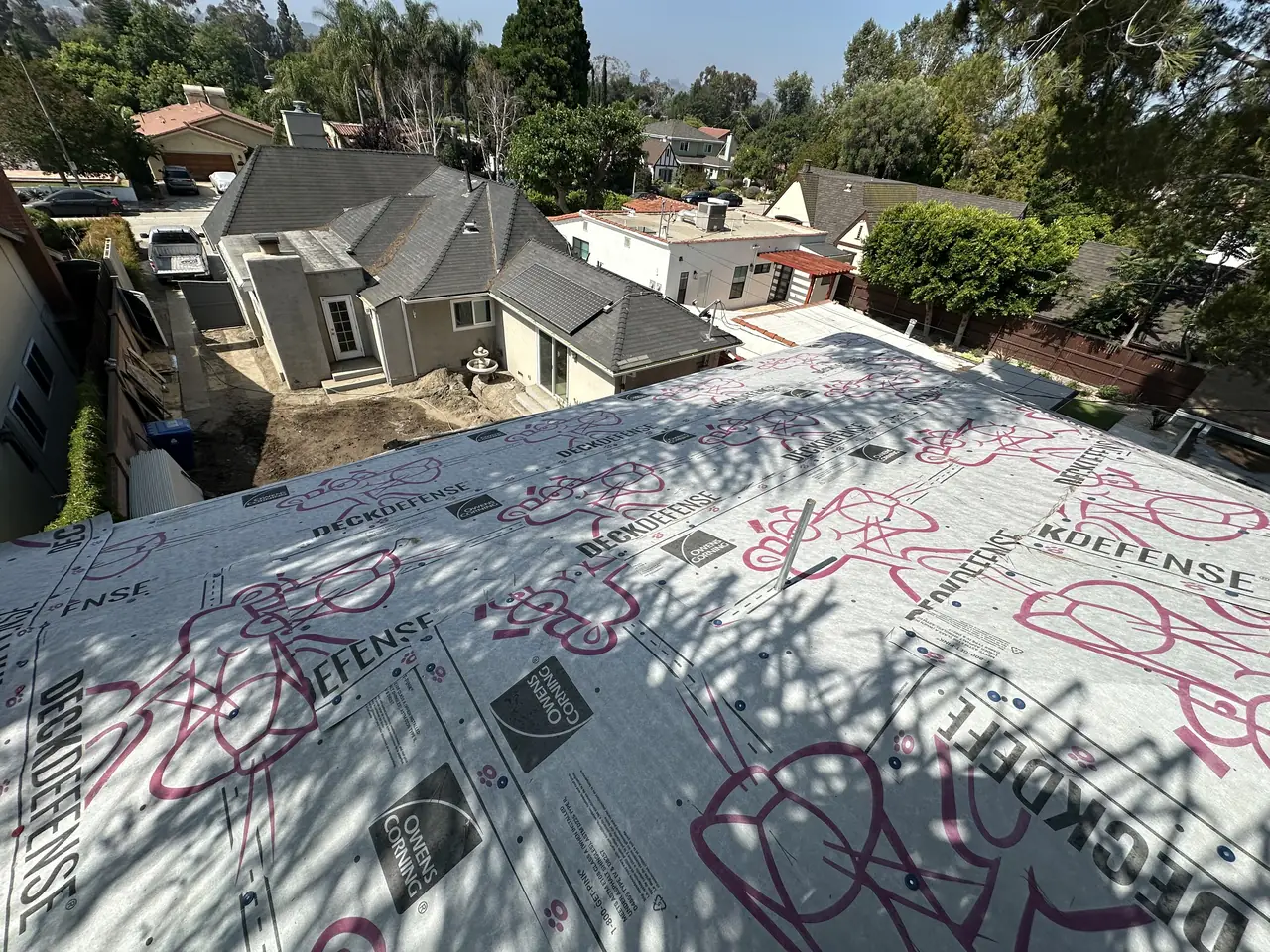A new roof covered in synthetic underlayment before the shingle goes on, North Hollywood