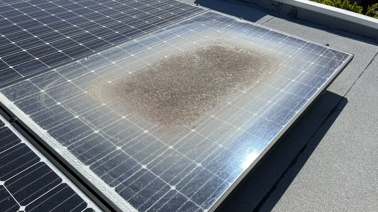 Close view of a solar module with a large mottled patch beneath the glass, North Hollywood