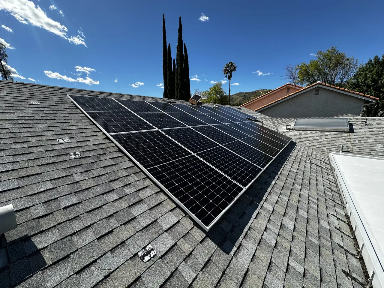 Solar panel mounting detail on a rooftop in Northridge, CA