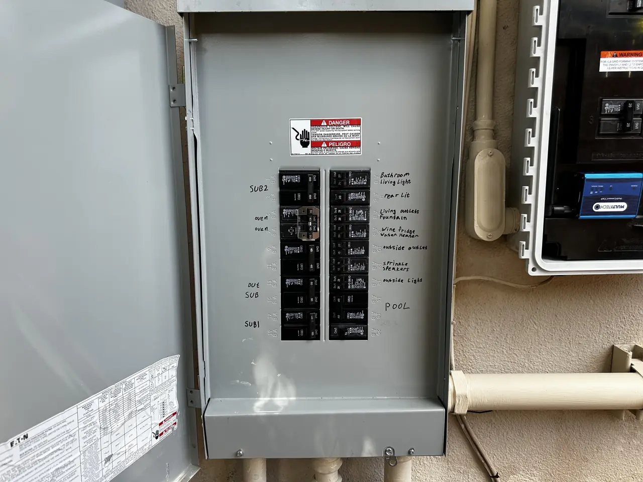 New sub-panel with the cover fitted and breakers in place, Northridge