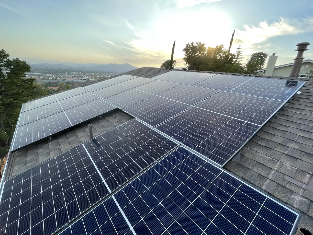 Solar array on a composition shingle roof above the valley, Northridge