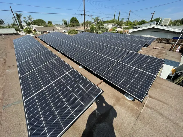 Solar panel mounting detail on a flat roof in Pacoima, CA