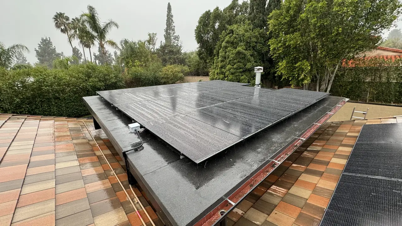 Solar panel mounting detail on a rooftop in Porter Ranch, CA
