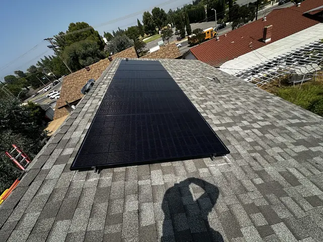 Solar panel mounting detail on a rooftop in Porter Ranch, CA