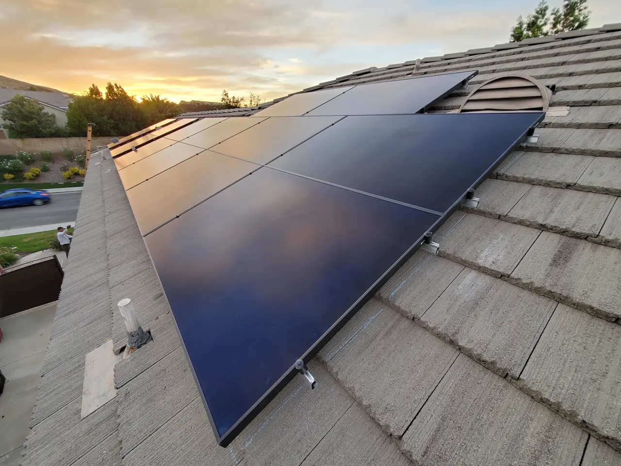 Solar panel mounting detail on a tile roof in Santa Clarita, CA