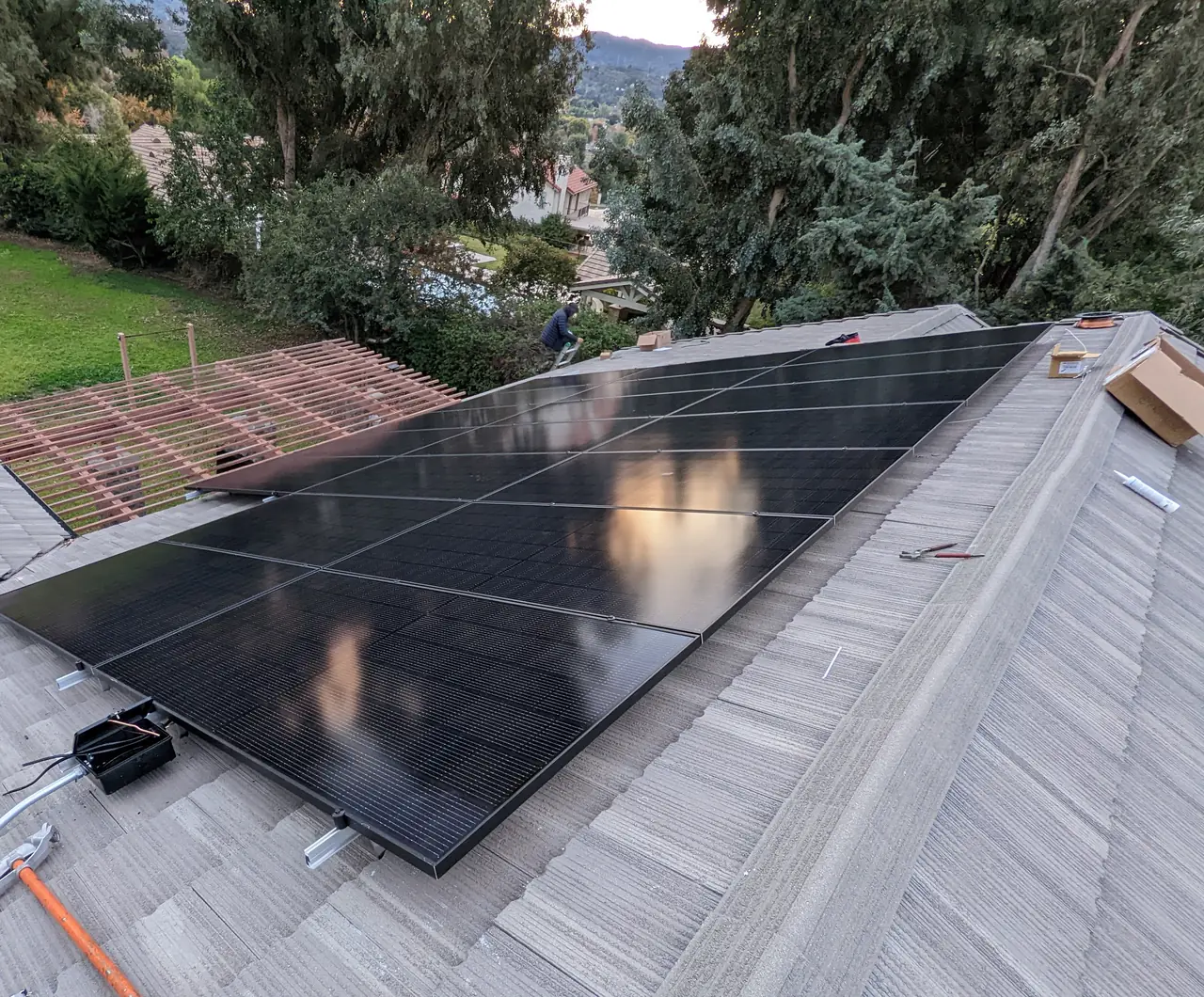 A solar array on tile seen from the far slope, Santa Clarita