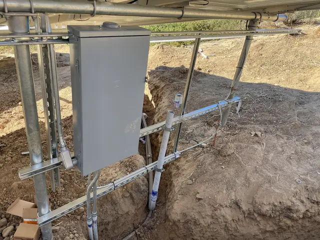 Steel posts set in concrete under a ground-mount frame with the trench still open, Santa Clarita