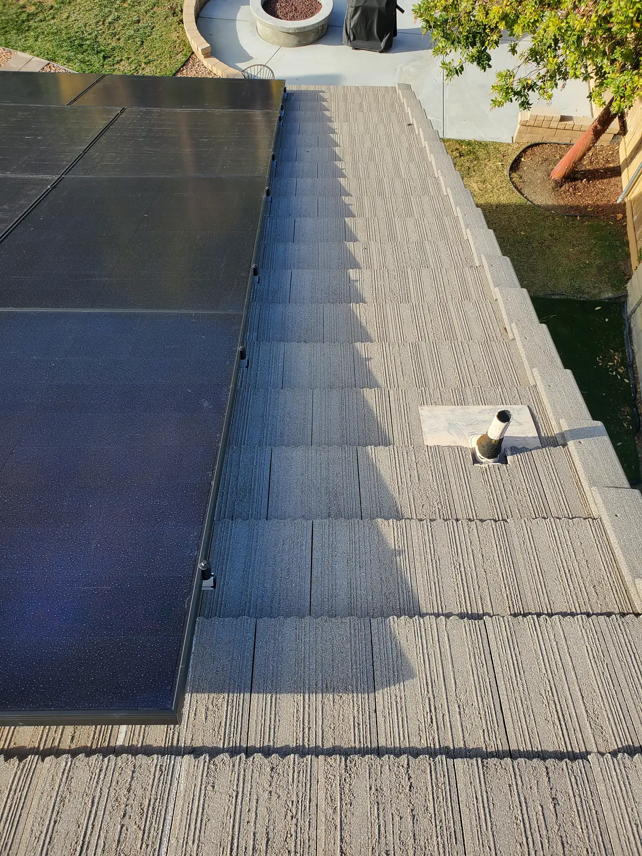 Solar modules seen from above on a tile roof, Santa Clarita