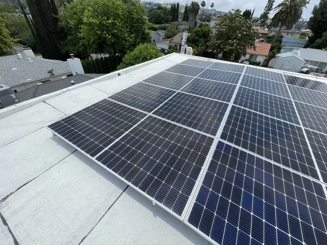 Solar panel mounting detail on a flat roof in Sherman Oaks, CA