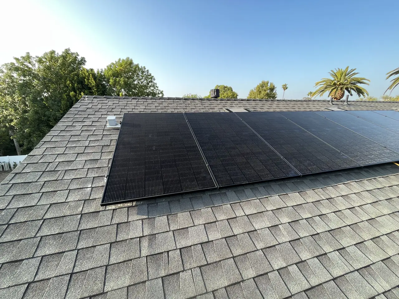 Solar modules on a composition shingle roof with trees beyond, Sherman Oaks