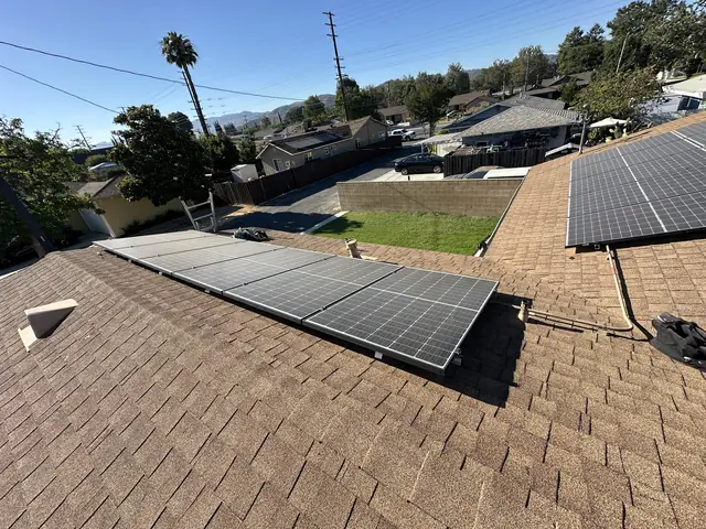 Solar panel mounting detail on a composition shingle roof in Simi Valley, CA