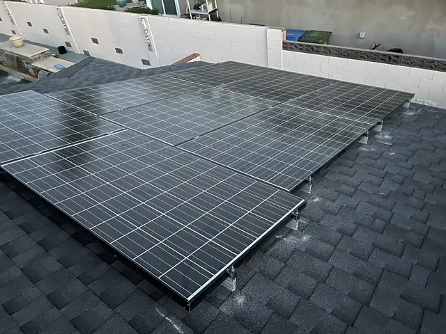 Solar panel mounting detail on a composition shingle roof in Simi Valley, CA