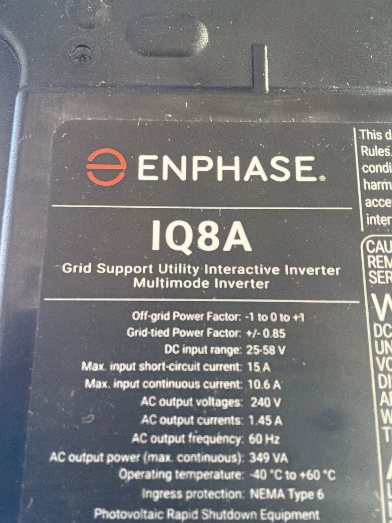 Enphase IQ8A microinverter label, Sylmar