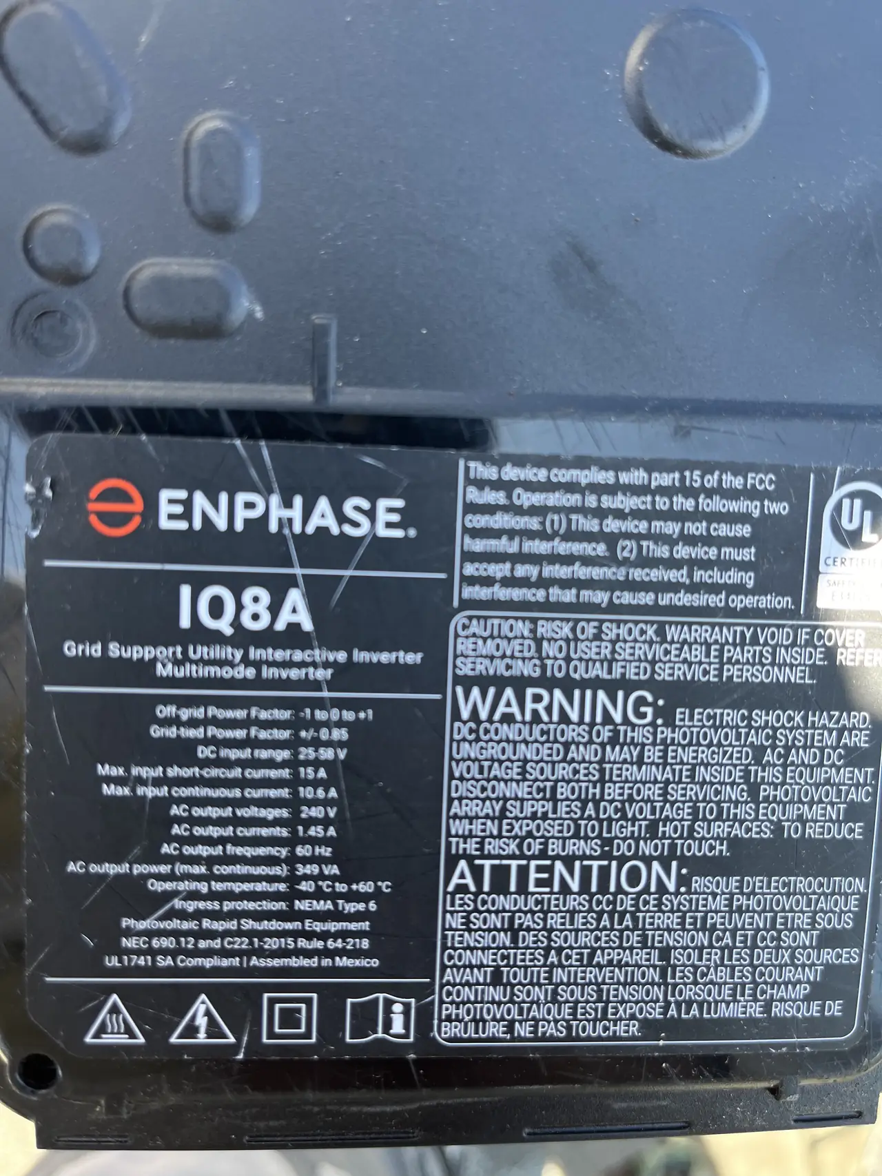 Enphase IQ8A microinverter label, Sylmar
