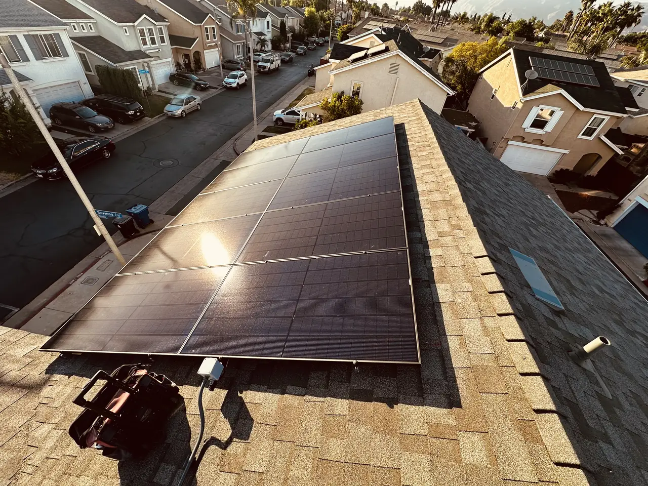 Solar modules on a roof above a residential street, Sylmar