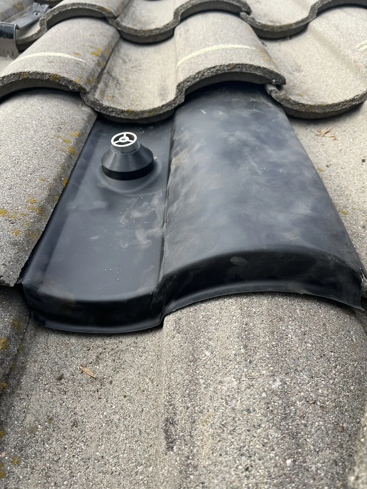 Flashed tile-replacement kit with a sealed collar set into a concrete S-tile course, Tarzana