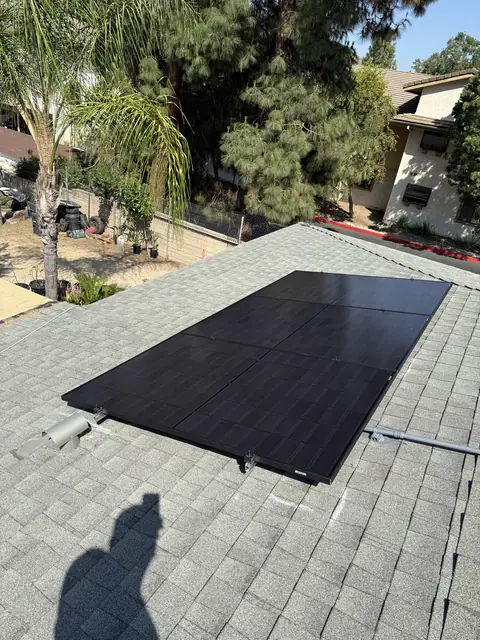 Solar panel mounting detail on a composition shingle roof in Thousand Oaks, CA