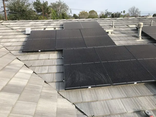 Solar panel mounting detail on a flat roof in Van Nuys, CA