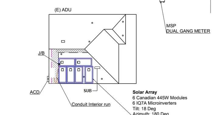 Site plan showing an accessory dwelling unit, its array and a dual-gang meter, Winnetka