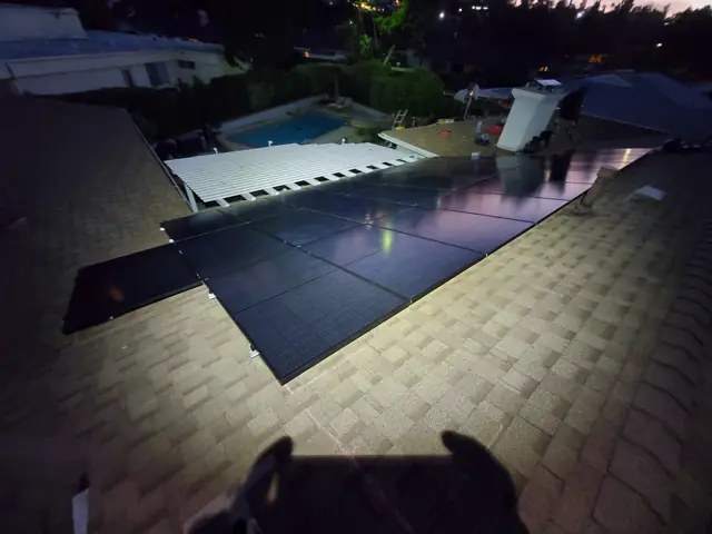 Solar panel mounting detail on a rooftop in Woodland Hills, CA
