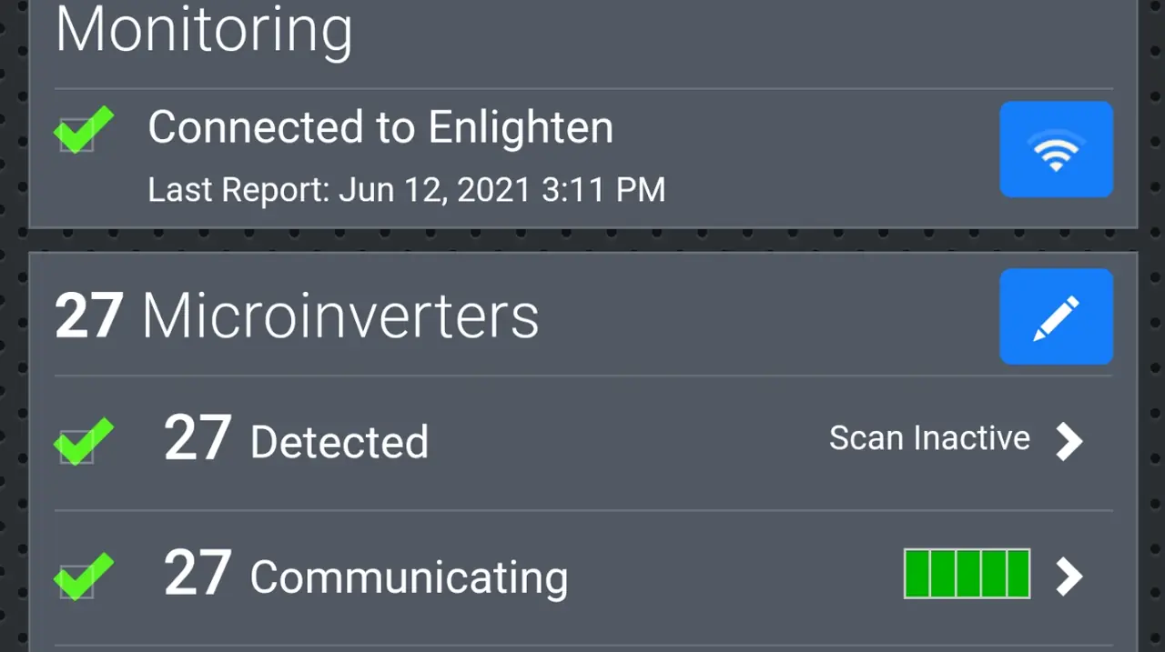 A monitoring screen listing twenty-seven microinverters, twenty-seven detected and twenty-seven communicating, Woodland Hills