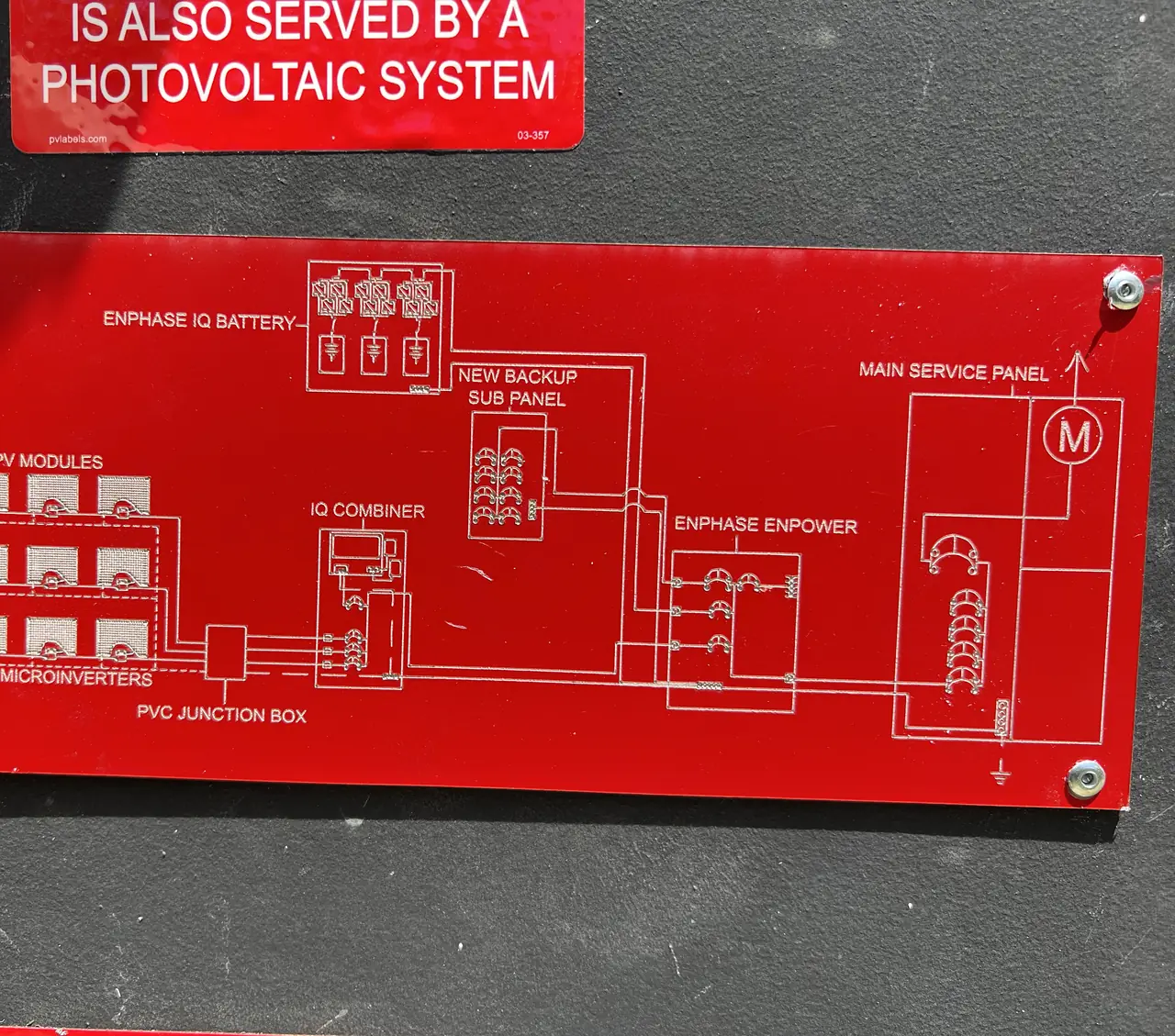 A red placard screwed to the meter panel carrying a single-line diagram of the photovoltaic and battery system, Woodland Hills