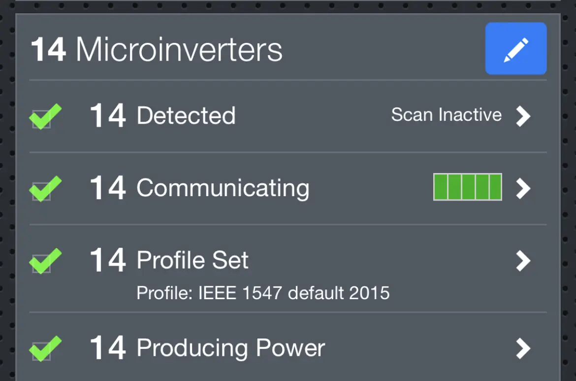 A monitoring screen showing fourteen microinverters detected, communicating and producing power, Woodland Hills