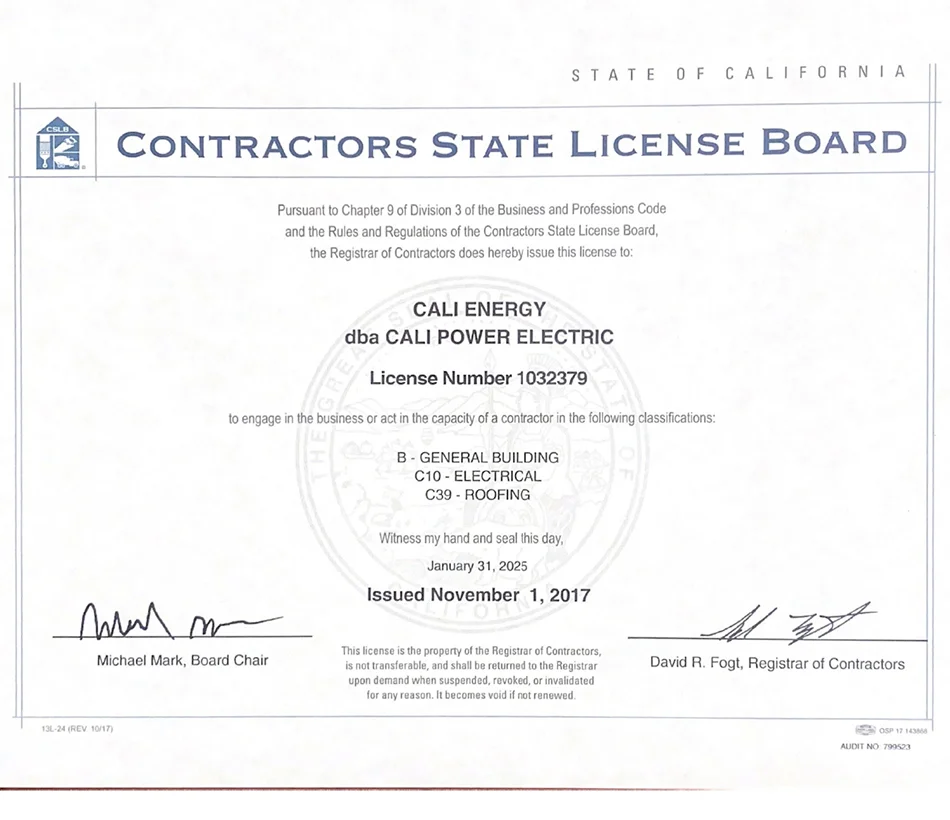 Cali Energy CSLB contractor license #1032379 — classifications B, C-10, C-39